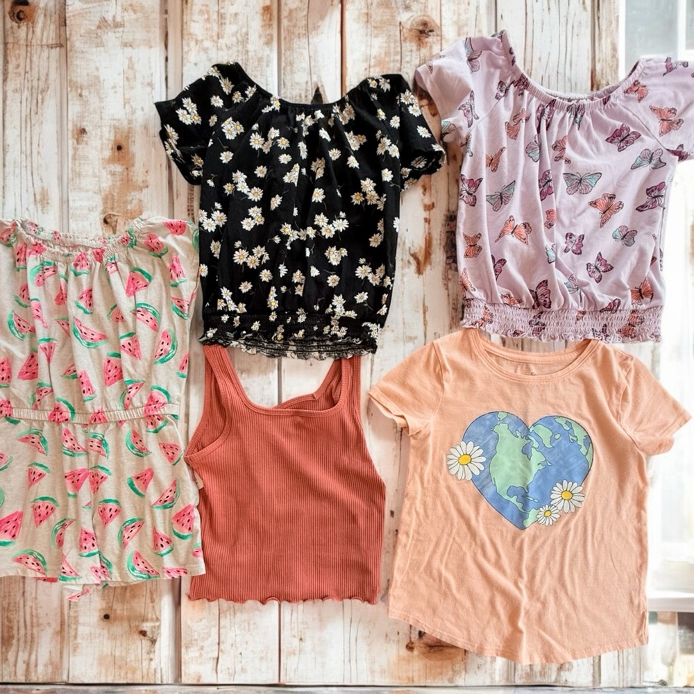 Girls Size 8 Great Group Of Clothes - 4 Shirts one still with tags and 1 Romper
